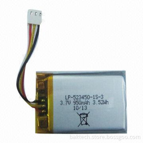 Li-polymer, 3.7V, 950mAh, 1S1P, Cell 523450P, with PCM and NTC, Lead Outer Wires and Connector